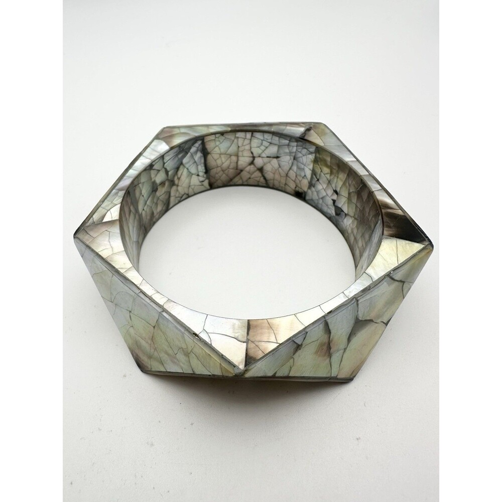 Vintage Abalone Mother of Pearl Mosaic Hexagon Bangle Bracelet 7.75”